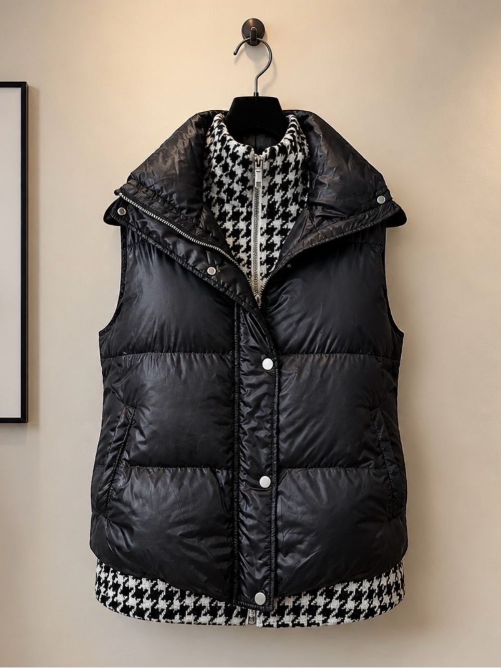 Black Quilted Puffer Vest with Houndstooth Trim